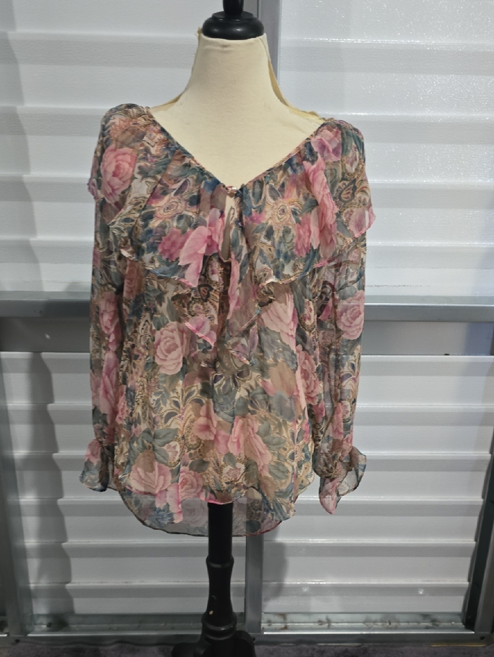 Victoria's Secret Sheer Floral Ruffle‎ Blouse - Pink, Green